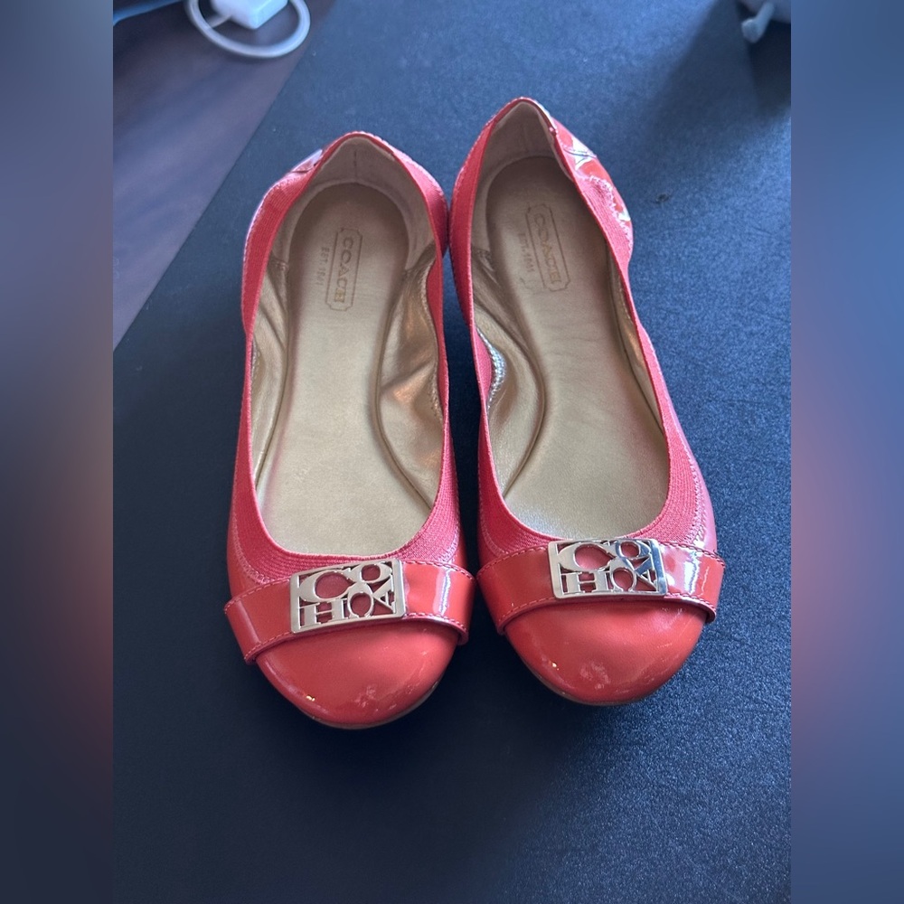 Coach Y2K Women's patent leather Coral Orange Ballet Flats with metallic logo